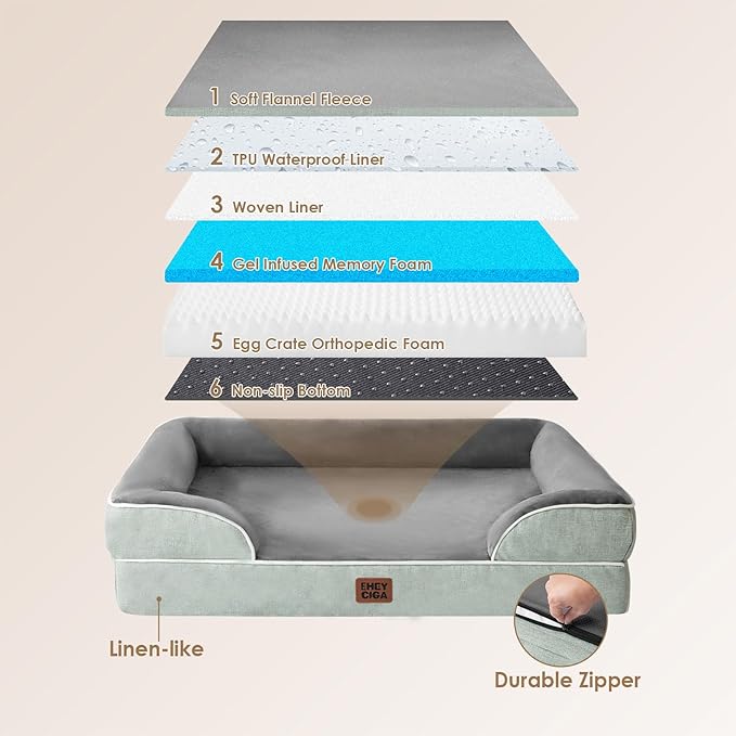 EHEYCIGA Orthopedic Dog Bed for Small Dogs, Waterproof Memory Foam Small Dog Beds with Sides, Non-Slip Bottom and Egg-Crate Foam Medium Pet Couch Bed with Washable Removable Cover, Greyish Green-PawvioPets