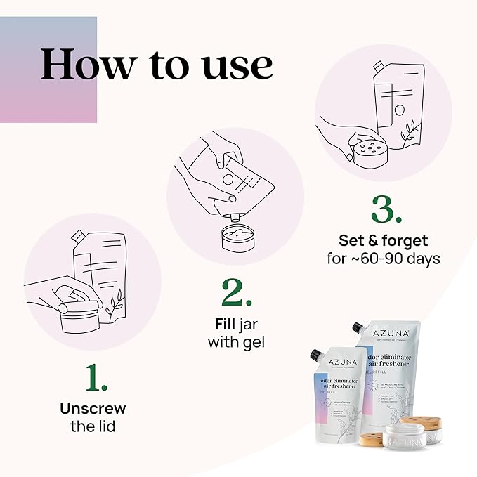 Azuna Air Freshener & Odor Eliminator for Strong Odor | 4 Room Kit Includes (4) Empty Luxe Glass Jar & 24oz Gel Refill with Tea Tree Essential Oil | Aromatherapy | Last 60-90 Days-PawvioPets