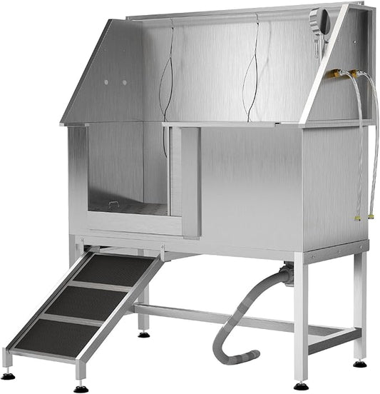50" Stainless Steel Professional Dog Washing Station - Pet Bathing Tub w/Non-Slip Ramps | Slip-Resistant Floor Grate | for Large/Medium/Small Dogs-PawvioPets