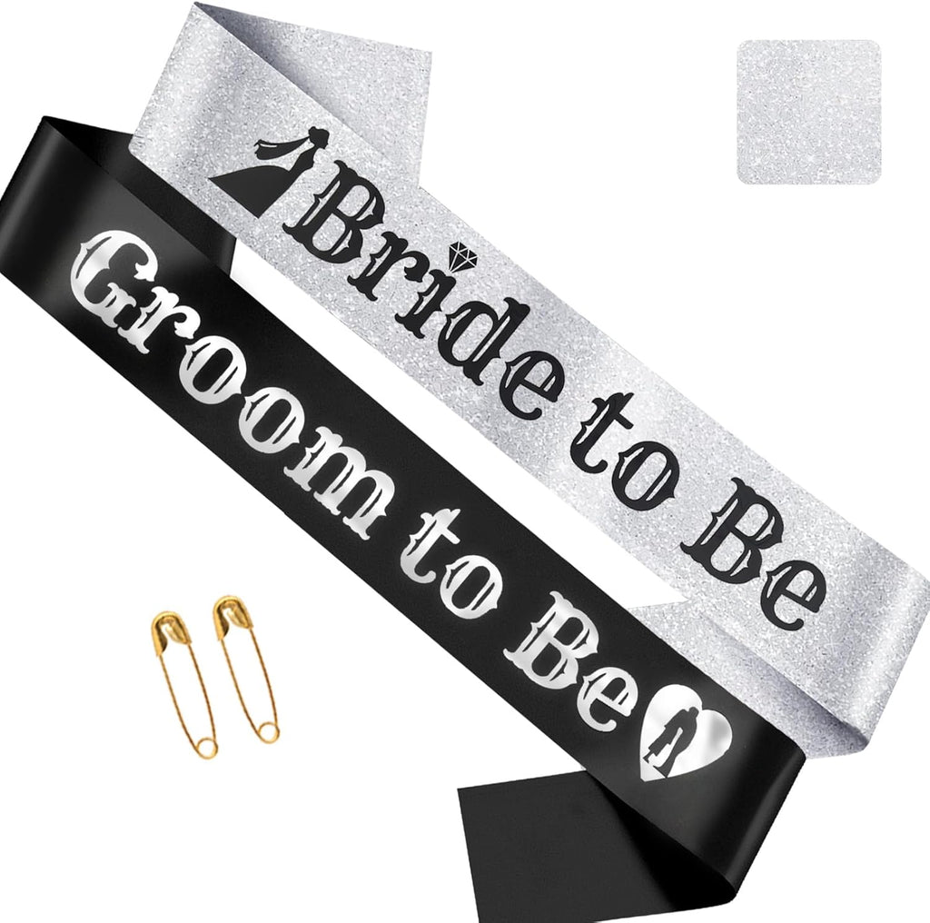 Black Groom to Be Sash Silver Foil& Silver Bride to Be with Black Foil, Funny Sashes for Bachelorette Party Bridal Shower Wedding Engagement Decorations Supplies Favors, Future Mrs and Lucky Mr Sash
