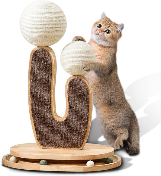 Cactus-Shaped Cat Scratching Post with Cat Scratcher, Interactive Toy Balls, Handmade with Natural Materials, Cute Cat Scratching Post, Easy-to-Clean Cat Furniture-PawvioPets