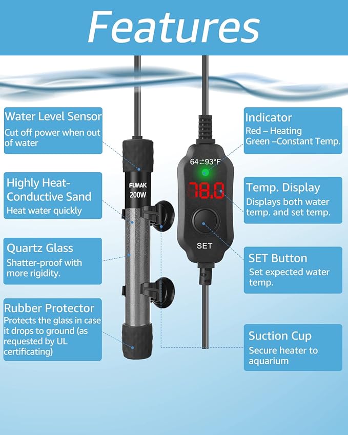 200W Adjustable Aquarium Heater Super Short Submersible Fish Tank Heater Fish Heater with LED Digital Display Thermostat, for Tanks 20-40 Gallons-PawvioPets