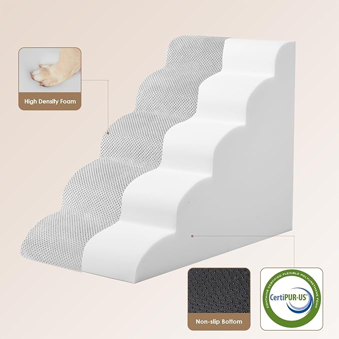 EHEYCIGA Curved Dog Stairs Ramp for High Beds 22.6" H, 5-Step Dog Steps for Small Dogs and Cats, Pet Stairs for High Bed Climbing, Non-Slip Balanced Pet Step Indoor, Light Grey-PawvioPets