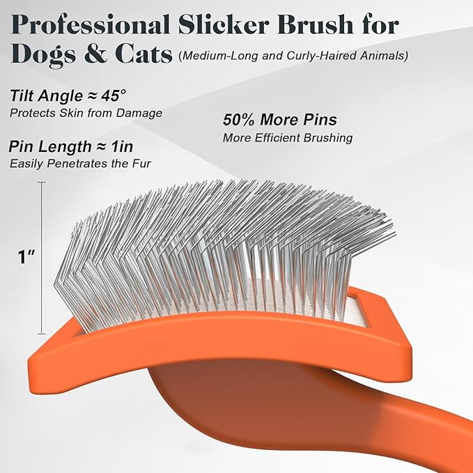 2PCS Slicker Brush for Dogs & Pet Comb,Professional Dog Grooming Brush (Goldendoodles,Poodles,Labradoodles) with Extra Long Pins to Effectively Remove Tangles, Knots and Mats (Orange)-PawvioPets