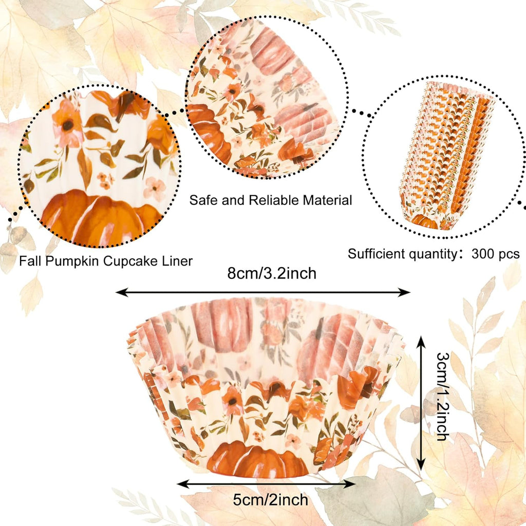Whaline 300Pcs Fall Cupcake Liners Watercolor Pumpkin Flower Paper Baking Cups Autumn Floral Muffin Liner Cake Paper Cups Storage Container for Thanksgiving Party DIY Craft, 2x1.2 Inch