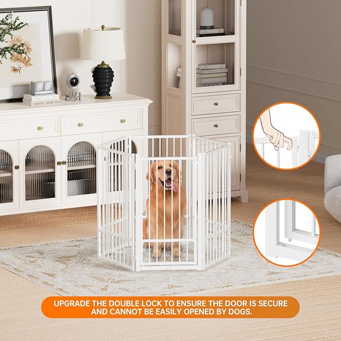 Full Metal Freestanding Dog Gate with Door, 36''Height Foldable Pet Dog Fence for Indoor & Outdoor, 6 Panels Extra Wide Free Standing TallDog Gates for Doorways,House,Stairs,Porch,Deck,Yard-PawvioPets