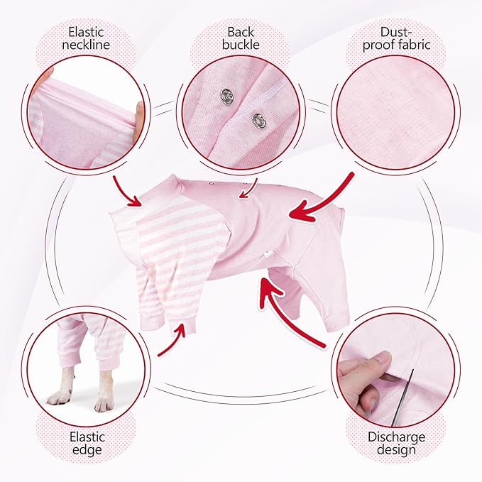 Dog Recovery Suit, Abdominal Wound After Surgery Wear, Anti Licking Bodysuit with Snaps, E-Collar & Cone Alternatives, Striped Dog Spay Surgical Pajamas Prevent Shedding(Medium, Pink)-PawvioPets