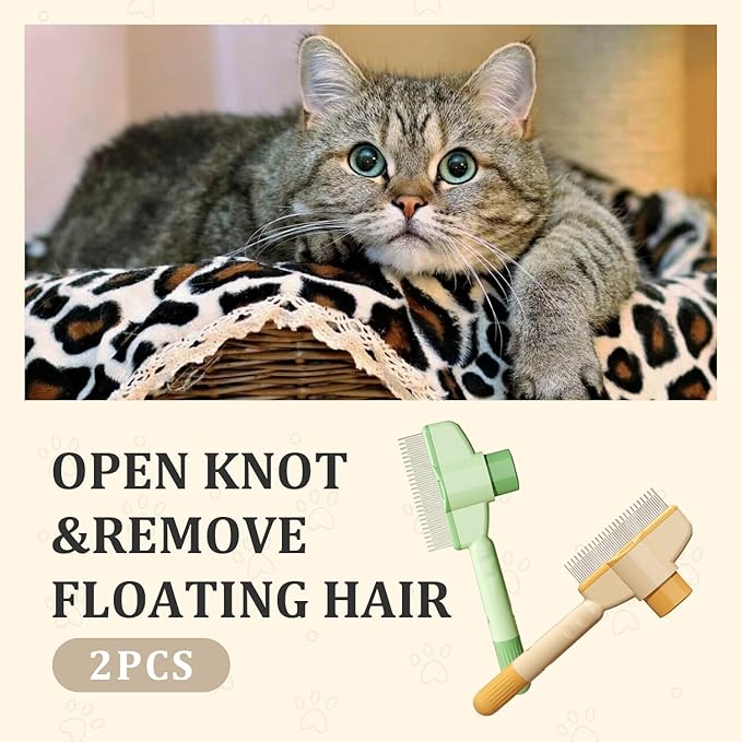 2-Pack Pet Hair Removal Comb & Flea Comb with Release Button for Cats & Dogs - Grooming Brush for Short/Long Hair Green & Yellow-PawvioPets