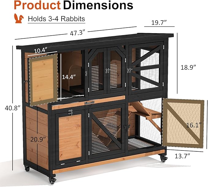 47.3" Two Story Rabbit Cage Bunny Cage Indoor, Wooden Rabbit Hutch Hamster Cages for Small Animals, Outdoor Guinea Pig Cages with Wheels & 2 Removable Trays & Bottom Wire Mesh-PawvioPets