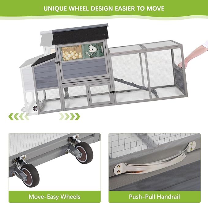 COZIWOW 82" Large Wooden Chicken Coop, Outdoor Rabbit Hutch with Wheels, Sunshine Board, Asphalt Roof, Ramp, Openable Top, Door, Window, Pull-Out Tray, Indoor Bunny Cage (Gray with Pattern)-PawvioPets
