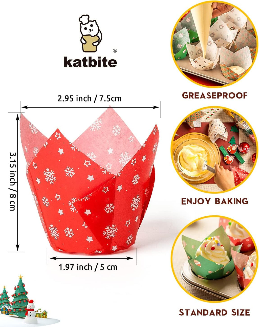 Katbite Christmas Tulip Cupcake Liners 200PCS, Muffin Baking Cupcake Liners Holders