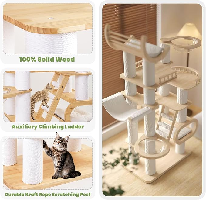 82.7'' Large Cat Tree, Modern Cat Tower with Scratching Post, Luxury Cat House, Wood Cat Tree for Indoor Cats Large Adult, Multi-Level Activity Center with Hammock, Clear Bowl, Semi-Closed Condo-PawvioPets