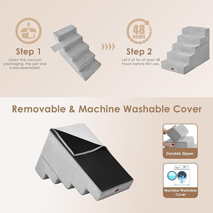 EHEYCIGA Dog Stairs for High Bed 25" H, 5-Step Extra Wide Dog Steps for Bed, Pet Steps for Small Dogs and Cats, Non-Slip Balanced Pet Ramp Indoor, Light Grey-PawvioPets