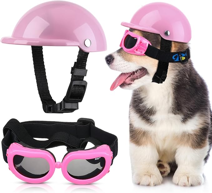 Frienda Dog Helmet and Goggles, UV Protection Doggy Sunglasses and 4 Inch Padded Puppy Motorcycle Helmet Adorable Dog Goggles with Adjustable Belt for Small Dogs Puppy Riding(Pink,S)-PawvioPets