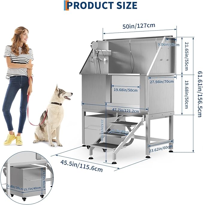 50" Stainless Steel Professional Dog Washing Station - Pet Bathing Tub w/Non-Slip Stairs & Storage Shelf | Slip-Resistant Floor Grate | for Large/Medium/Small Dogs-PawvioPets