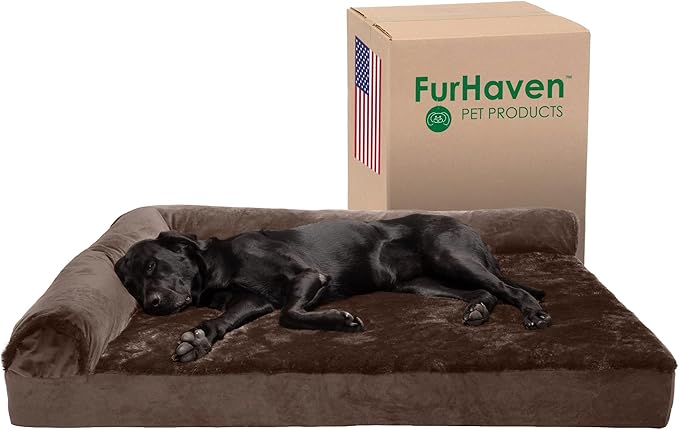 Furhaven Cooling Gel Dog Bed for Large Dogs w/ Removable Bolsters & Washable Cover, For Dogs Up to 125 lbs - Plush & Velvet L Shaped Chaise - Sable Brown, Jumbo Plus/XXL-PawvioPets