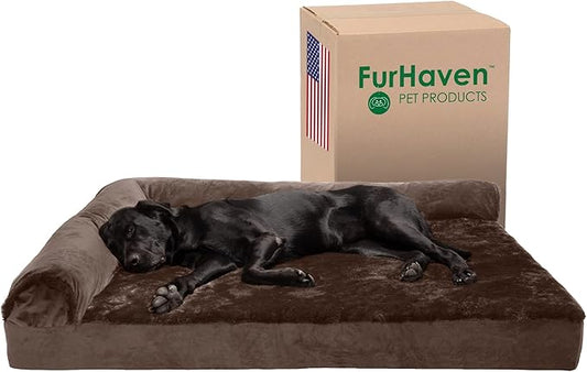 Furhaven Cooling Gel Dog Bed for Large Dogs w/ Removable Bolsters & Washable Cover, For Dogs Up to 125 lbs - Plush & Velvet L Shaped Chaise - Sable Brown, Jumbo Plus/XXL-PawvioPets