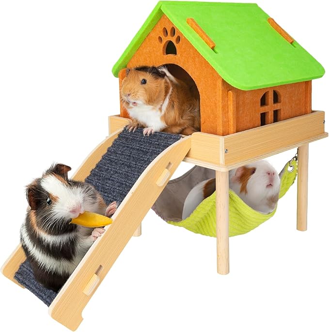 3 in 1 Enlarged Guinea Pig Hammock with House & Platform,Wooden Guinea Pig Hideout with Hammock & Stairs Small Animal Toys for Hiding Sleeping Activities-PawvioPets
