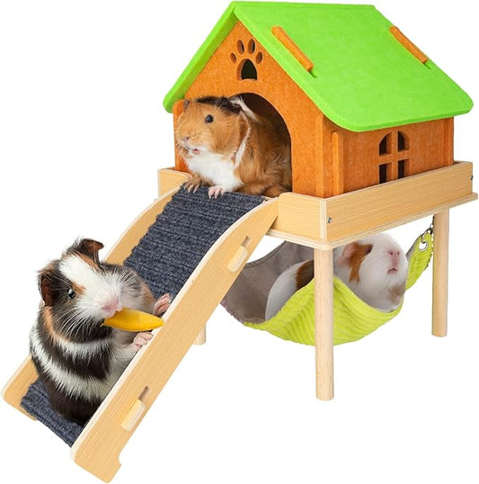 3 in 1 Enlarged Guinea Pig Hammock with House & Platform,Wooden Guinea Pig Hideout with Hammock & Stairs Small Animal Toys for Hiding Sleeping Activities-PawvioPets