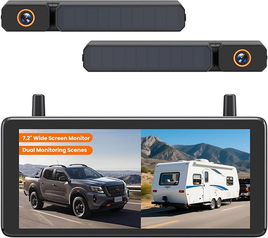 AUTO-VOX 2 Solar Wireless Backup Camera System with Two Cameras (License Plate & Portable): 7.2” 1080P HD Dual Channel Monitor, IP69K Waterproof Back up Camera for Truck,RV,Camper,Horse/Boat Trailer-PawvioPets