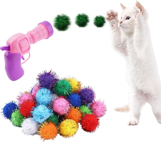 Dorhui Cat Toy Balls with Launchers Set, 30 Pcs Sparkle Pom Ball for Cat,Cat Enrichment Toys,cat Toys for Indoor Cats, Interactive Glitter Pom Ball for Kitty Gifts-PawvioPets
