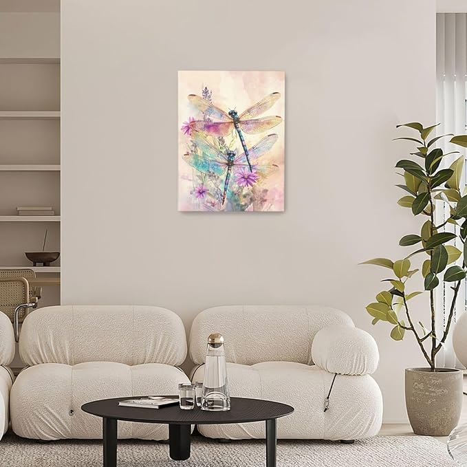 Dragonfly Bathroom Pictures Wall Art, Floral Bathroom Wall Decor, Framed Painting Canvas Artwork for Bedroom Living Room Decorations 16"L x 12"W-PawvioPets