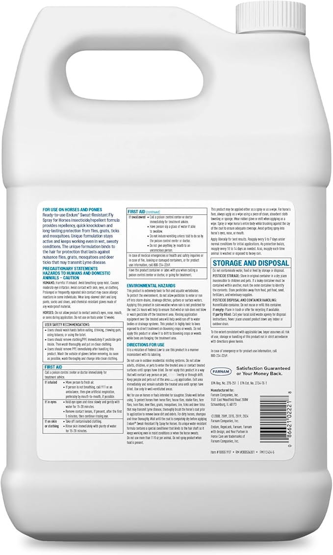 Farnam Endure Sweat-Resistant Fly Spray for Horses, Lasts Up to 14 Days, Protects Against Flies, Gnats, Mosquitoes, Ticks & Lice, 128 oz.-PawvioPets