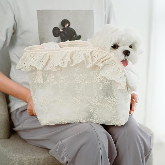 Dog Carrier for Small Dogs Rabbit cat with Lace Design, Cotton Bag, Dog Carrier Soft Sided, Collapsible Travel Puppy Carrier (Beige, 13" L x 6.7" W x 10.6" H)-PawvioPets