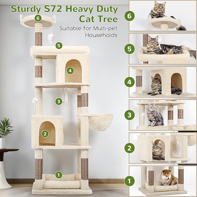 Globlazer Heavy Duty Cat Trees for Large Cats, Sturdy 72in Maine Coon Cat Tree for Large Cat 20 lbs+ Heavy Duty Cat Tower for Adult Biggest Cats with 6 Scratching Posts, Hammock, S72, Beige-PawvioPets