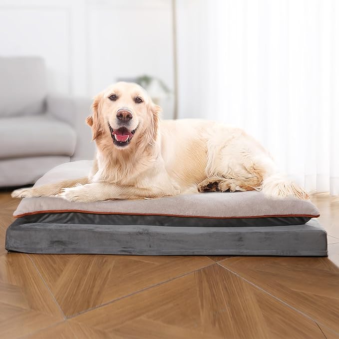Amazon Basics Dog Bed with Cooling Gel Memory Foam, Pressure-Relief Support for Dogs up to 120lbs, Non-Slip Bottom, Machine Washable Cover, Giant Sized (48" x 36"), Grey-PawvioPets