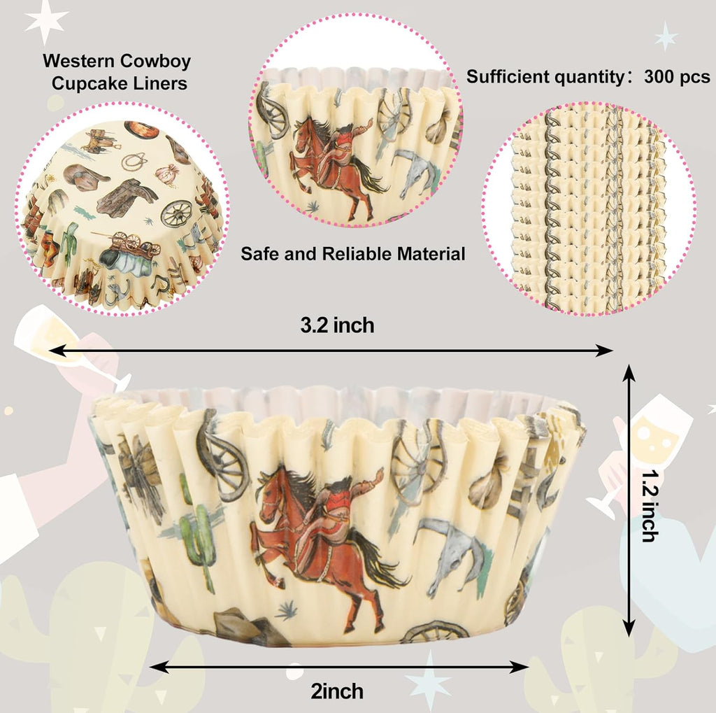 Whaline 300Pcs Western Cowboy Cupcake Liners Western Theme Paper Baking Cup Retro Wild West Cowboy Horse Muffin Liner Wrapper 2 x 1.2 Inch Cake Storage Container for Baby Shower Birthday Party