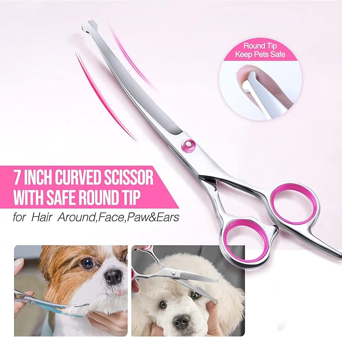 Gimars Dog Grooming Scissors Kit Professional 4CR with Safety Round Tip, 5 in 1 Heavy Duty Titanium Coated Thinning & Curved & Straight Shears-PawvioPets