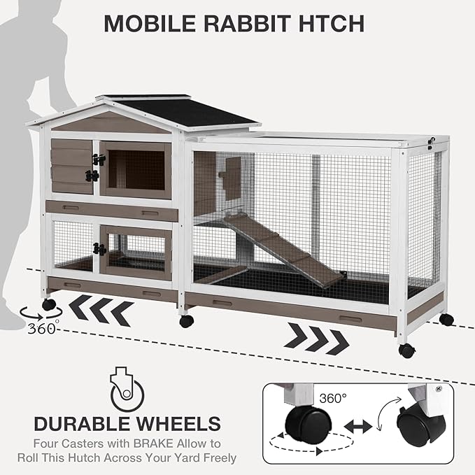 2-Story Indoor Rabbit Hutch with Chew-Proof Outdoor Rabbit Cage with 6 Locking Casters Bunny Cage 2 Pull-Out Trays Guinea Pigs Cage 62" Brown-PawvioPets