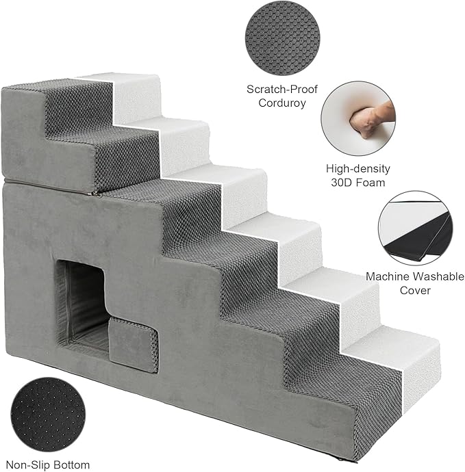 Dog Stairs for Small Dogs 27”H, 6-Step Dog Steps for High Bed, High-Density Foam Pet Stairs with Non-Slip Removable Washable Cover to Get on Bed(Grey)-PawvioPets