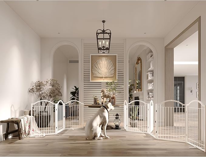 BHG Metal No-Assembly Freestanding Dog Gate with Door Walk Through, Extra Wide 120", Extra Tall 32" Pet Gate, Accordion Puppy Folding Playpen Dog Fence, with 2PCS Support (White, 5 Panels)-PawvioPets
