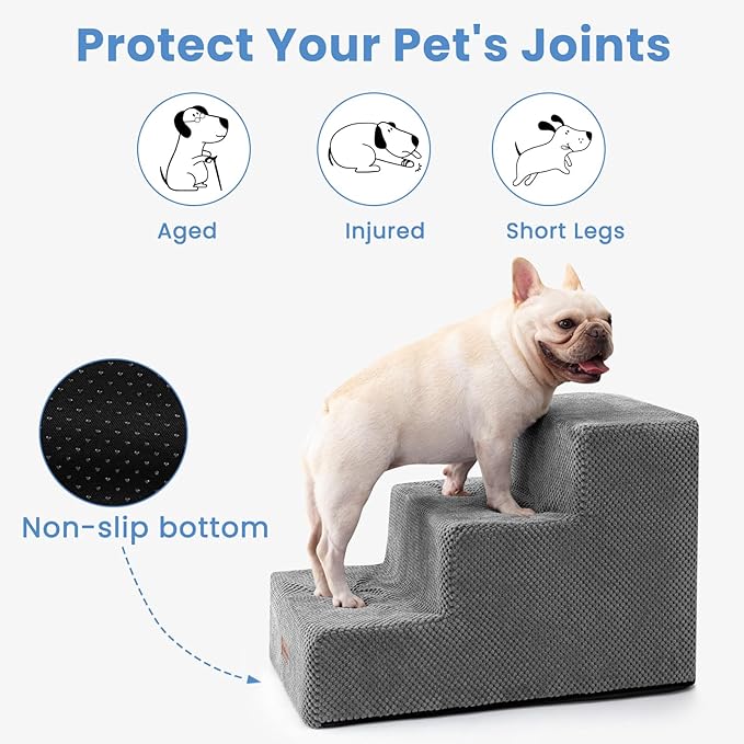 Dog Stairs for Small Dogs & Cats,3-Step Extra Wide Non-Slip Pet Steps for Couch Sofa and Chair,Grey,15.7" H-PawvioPets