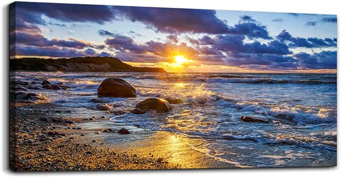 canvas wall art for living room bedroom Wall Decor blue ocean landscape painting Hang Home Decoration office bathroom kitchen sun beach sea golden Waves on the beach canvas art Prints pictures Works-PawvioPets