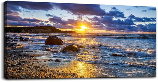 canvas wall art for living room bedroom Wall Decor blue ocean landscape painting Hang Home Decoration office bathroom kitchen sun beach sea golden Waves on the beach canvas art Prints pictures Works-PawvioPets