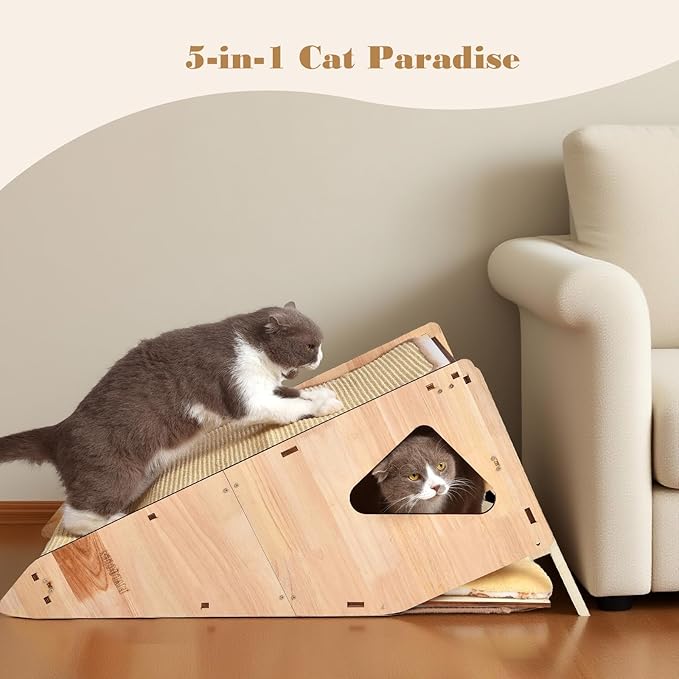 32in Cat Scratching Posts for Indoor Cats: Replaceable Sisal Mats & Sturdy 3D Wood Frame, Integrated Cat Condo, Hideout, Tunnel, All-in-One Space Saver for Multi-Cat & Budget-Friendly Homes-PawvioPets