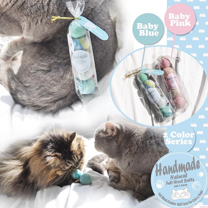 Felt Wool Cat Toys Ball with Catnip and Bell, Natural Handmade (Baby Blue (5 Units))-PawvioPets