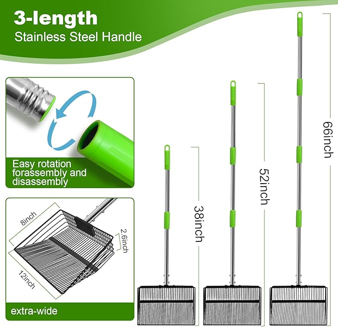 12inch Large Chicken Poop Scooper，2 Widths of Slots Litter Sifting Shovel （23 to 66"），Chicken Coop Litter Scoop with Stainless Steel Handle, 4 in 1 Multifunctional Heavy Duty Chicken Coop Accessories-PawvioPets