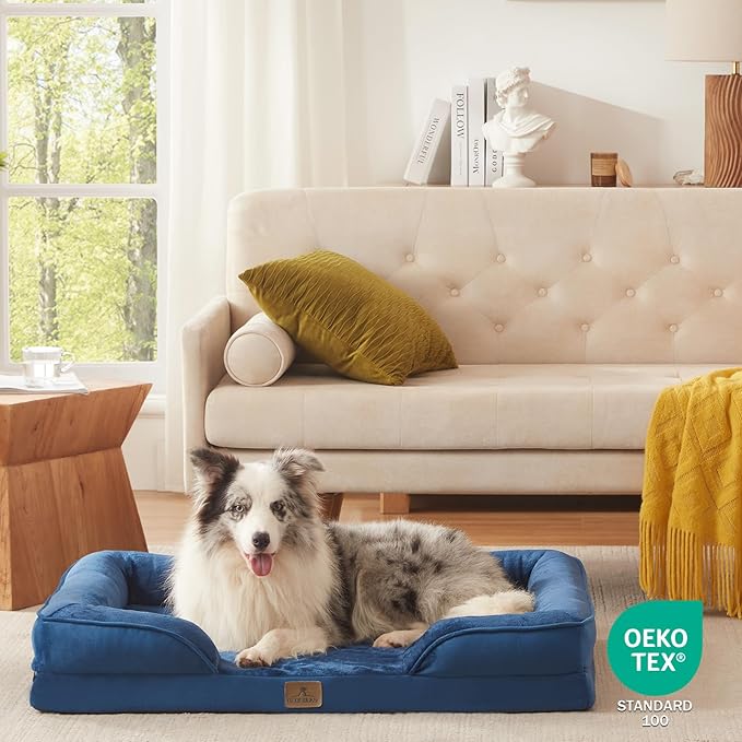 Bedfolks Orthopedic Dog Bed, Big Waterproof Dog Sofa Bed for Large Dogs, Egg Foam Pet Couch Bed with Removable Washable Cover and Nonslip Bottom, Navy Blue-PawvioPets