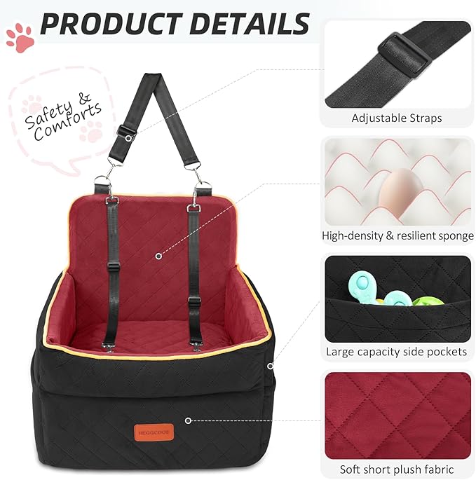 Dog Car Seat for Small Medium Dogs, Memory Foam Puppy Dog Booster Seat with Thick Cushion for Dogs Under 35lbs, Detachable Washable Pet Car Seat Travel Bed with Storage Pockets,2 Safety Belts-PawvioPets