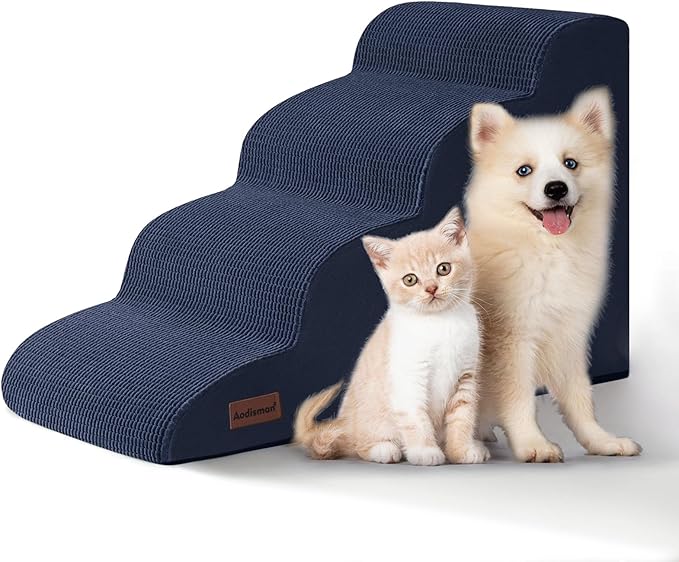 4-Step Dog Stairs and Ramp for Beds or Couches,Non-Slip Sturdy Pet Steps for Small Dogs and Cats,17.4" H,Blue-PawvioPets