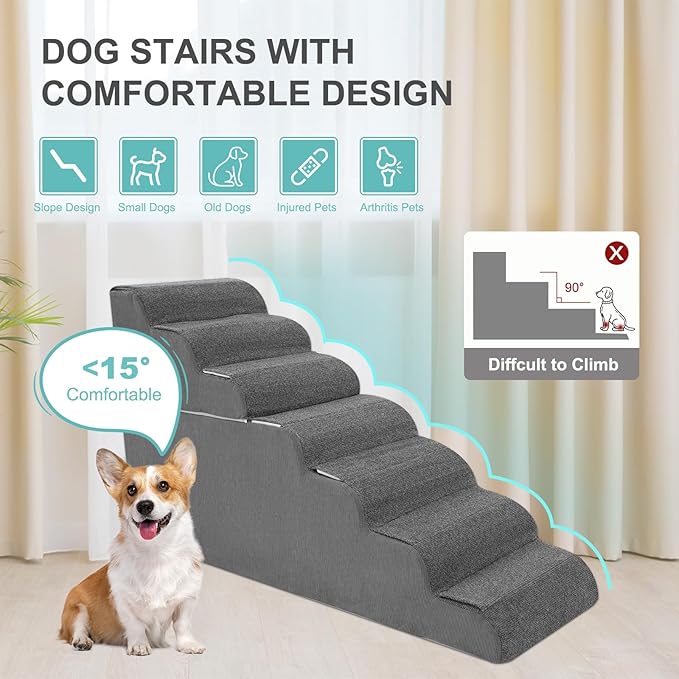 5-Step Dog Stairs for High Bed - 21.3" Adjustable Dog Ramps for Couch, Non-Slip Sturdy Pet Steps for Small Dogs, Washable Cover, Removable Modular Design, Dual 11” & 12.83” Steps for Custom Height-PawvioPets