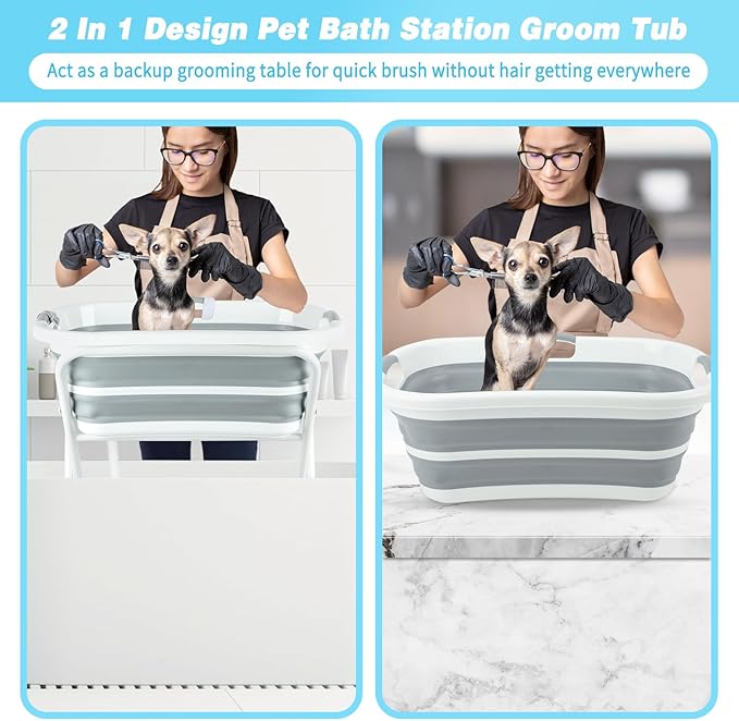 FHTONGE Elevated Dog Bathtub Grooming Station with Drain Adjustable Collar, 2 in 1 Collapsible Dogs Beautify Bathtub Portable Pet Washing Station, Pet Tub for Small Medium Dog Cat Shower Hairdressing-PawvioPets