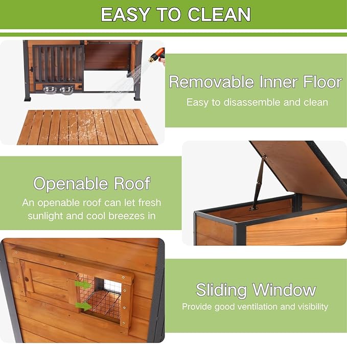 Dog House Outdoor with Bowls Weatherproof Dog Kennel with Anti-Chewing Iron Frame Dog Shelter for Small Medium Dogs-PawvioPets