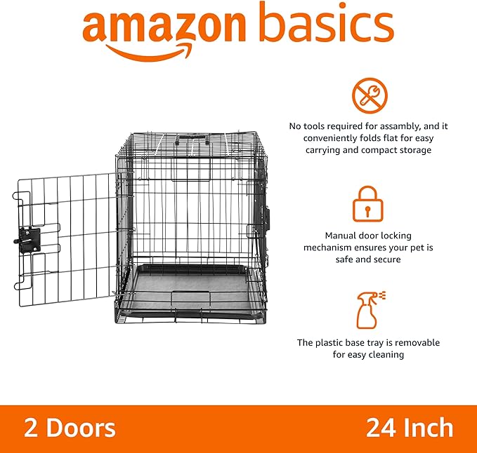Amazon Basics Durable,Foldable Metal Wire Dog Crate with Tray, Double Door, Divider, 24 x 18 x 20 in, Black-PawvioPets