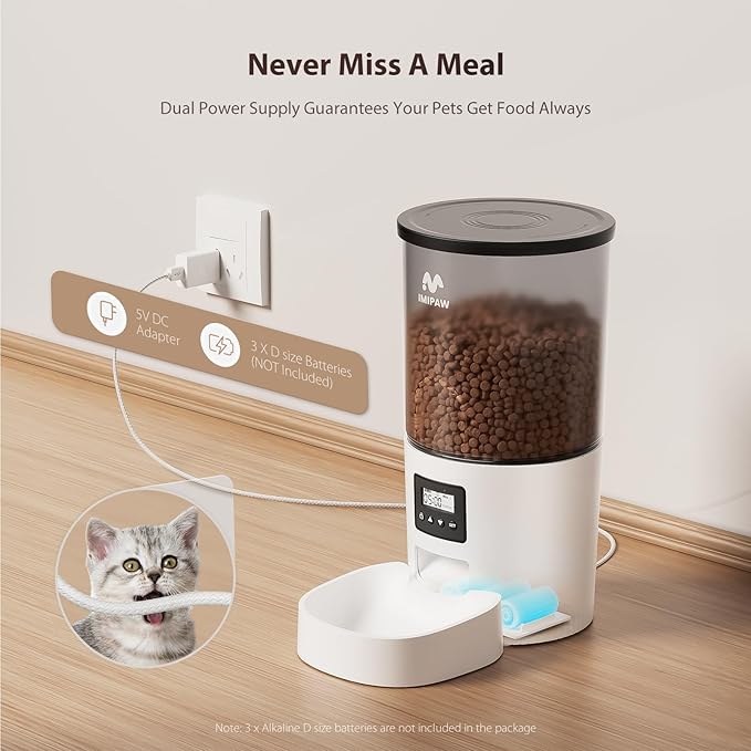 Automatic Cat Feeders, 5L Large Capacity, Timed Feeding Dry Food, Dual Power Design, Programmable Portion Size, 1-6 Meals Per Day, with Desiccant Packet, Suitable for Small Pets Food Dispenser-PawvioPets