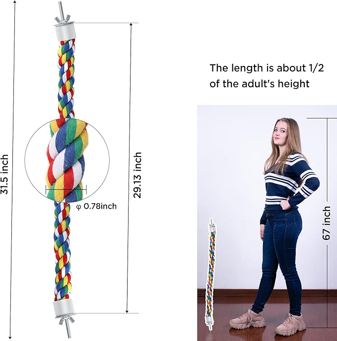 Bird Rope Perches for Parrots, Cockatiels, Parakeets, Budgie Cages Comfy Birds Colorful Rope Toy (31.5inch Metal nut)-PawvioPets